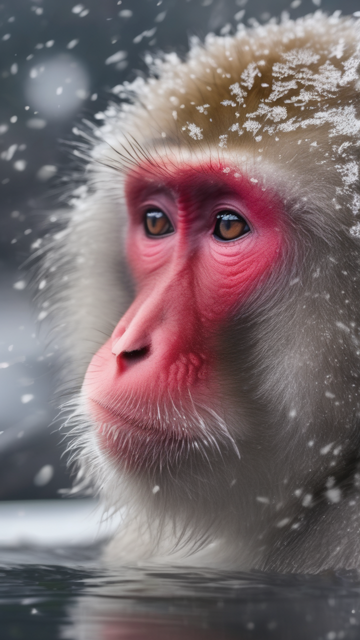 A snow monkey soaking in a hot spring in winter Japan