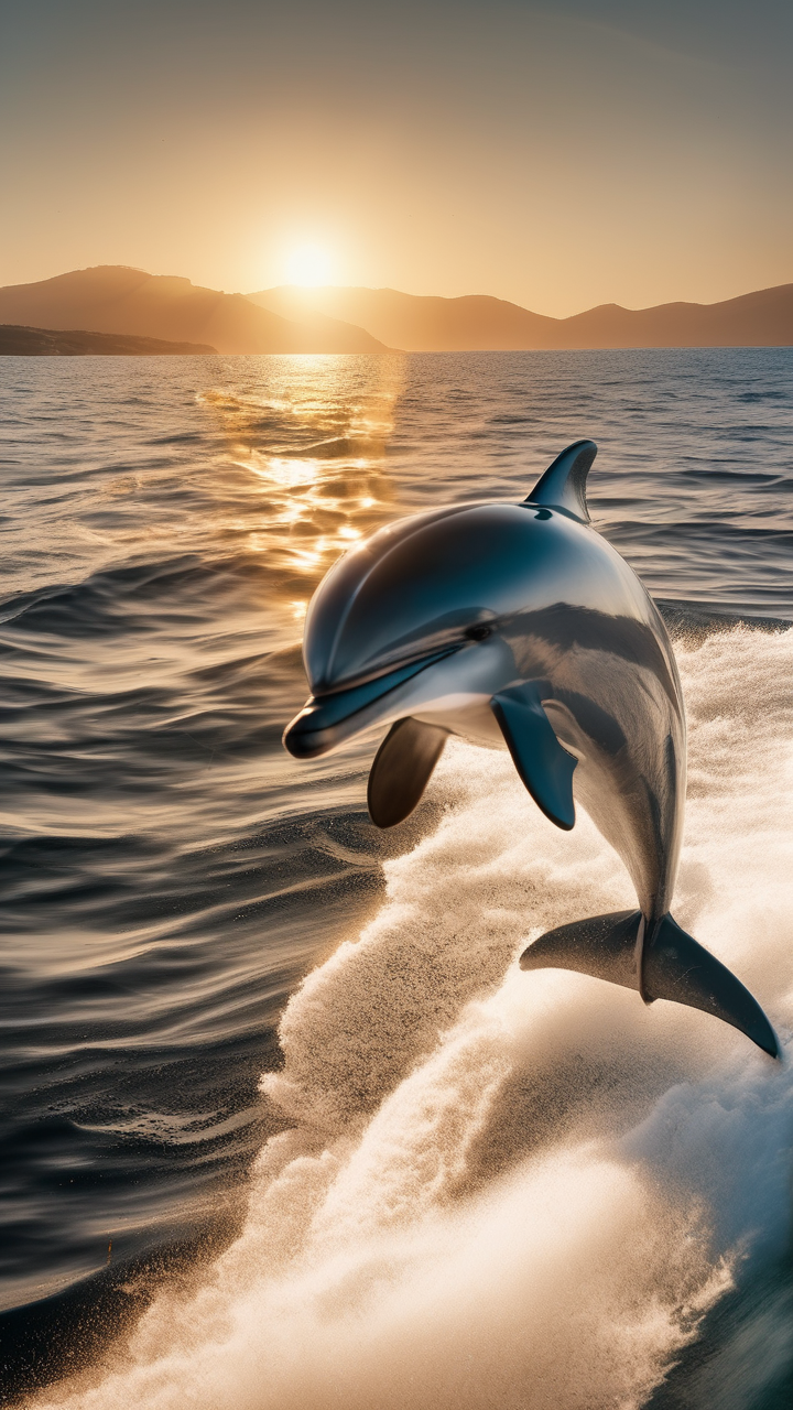 Bottlenose dolphins riding the bow wave of a yacht at golden hour