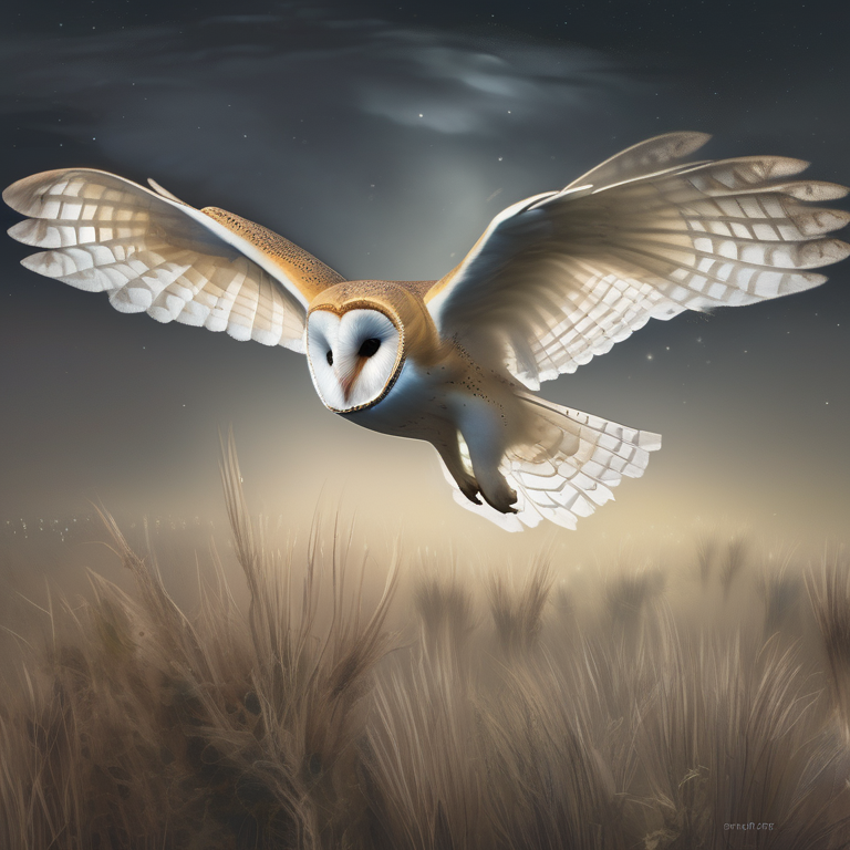 A barn owl flying silently over a moonlit field