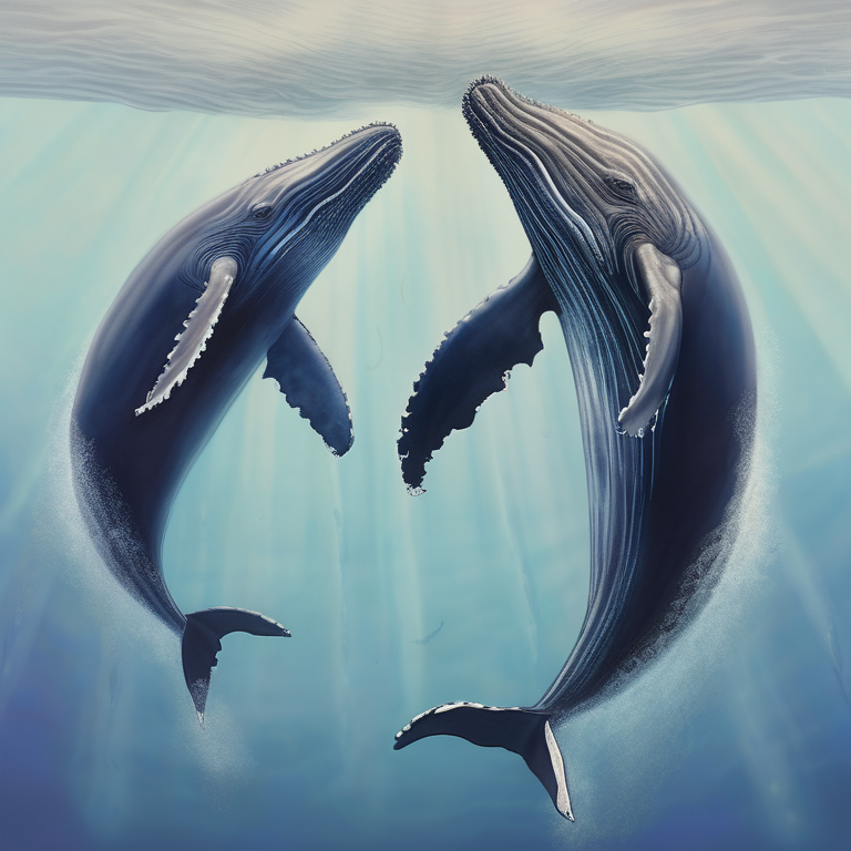 Two humpback whales singing to each other in the deep blue ocean