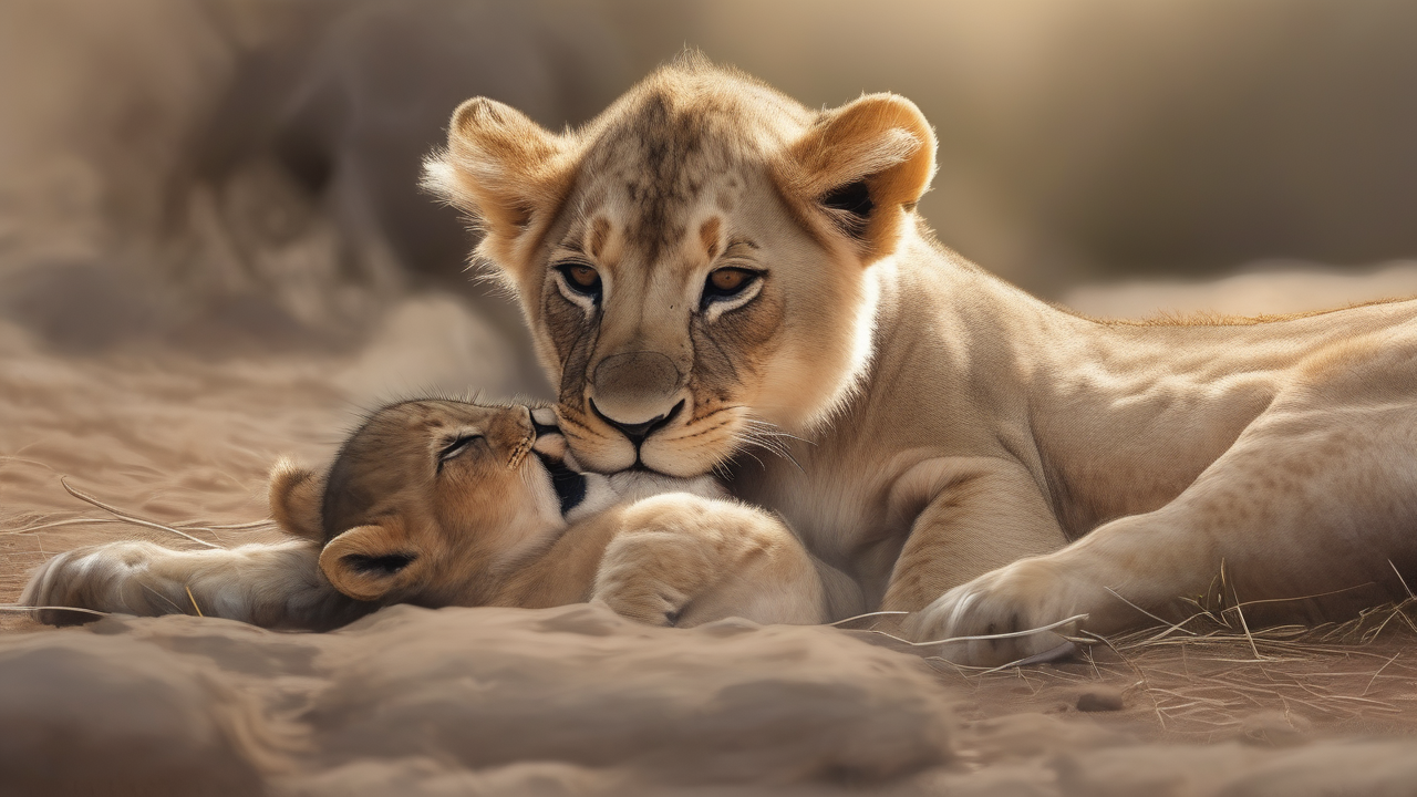 A lion cub playing with its mother's tail
