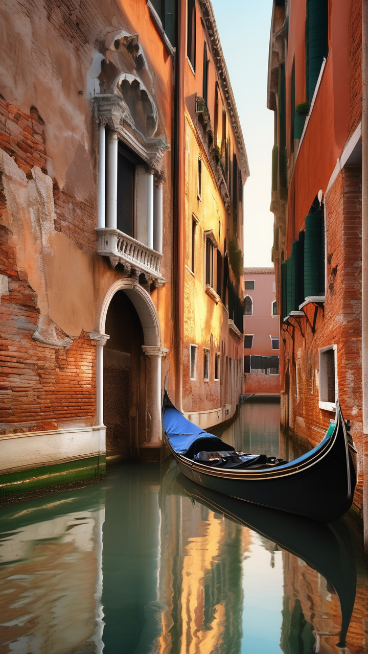 Venice gondola in a quiet canal at dawn