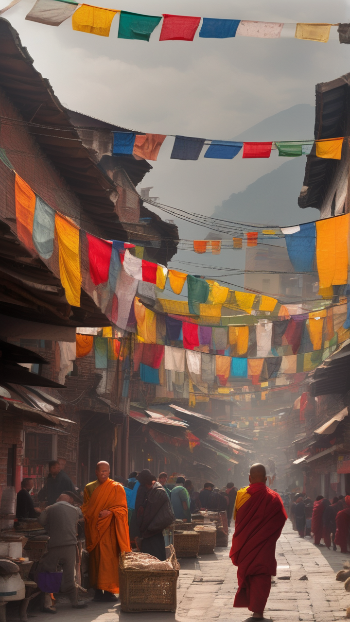 Kathmandu street scene — Buddhist prayer flags