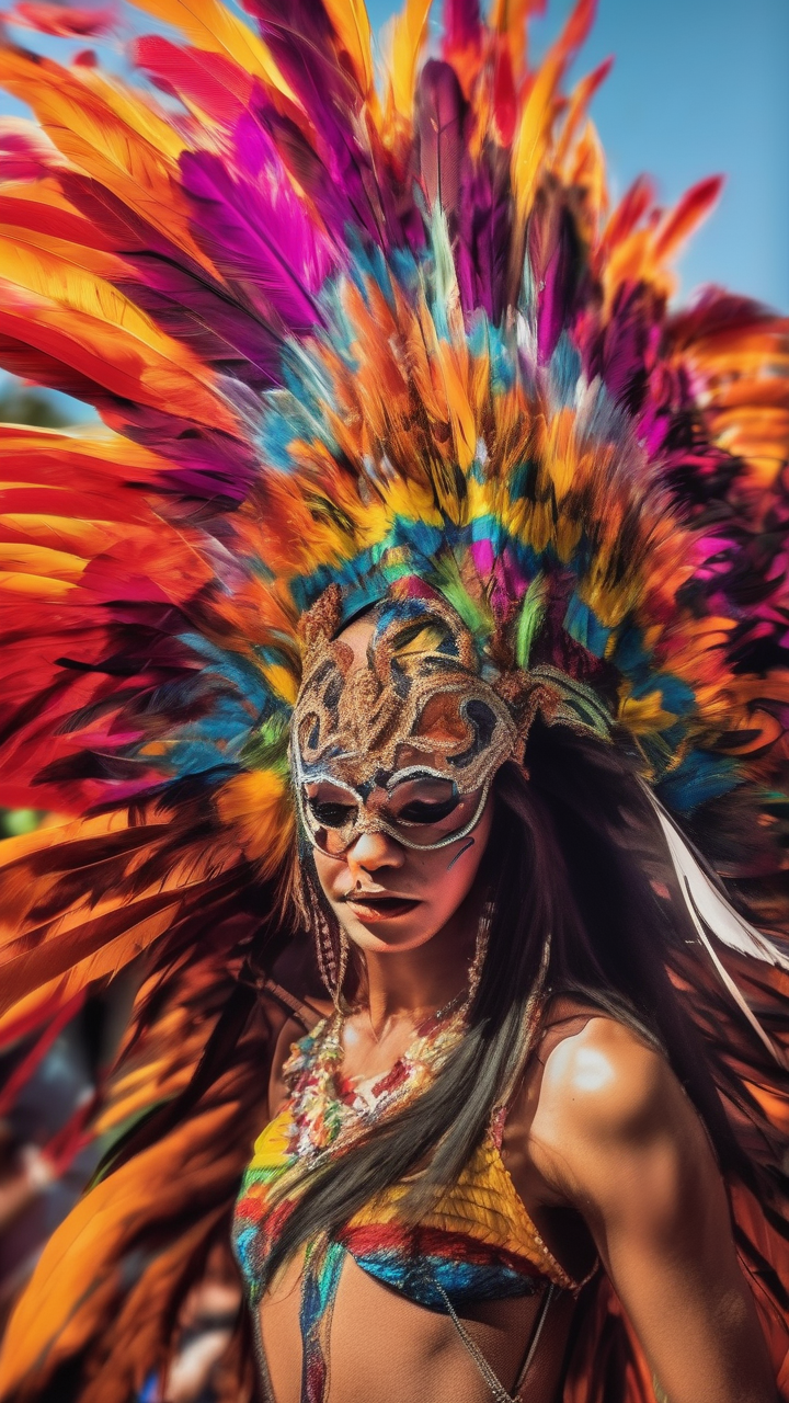 Rio Carnival — a dancer in extreme feather headdress and costume