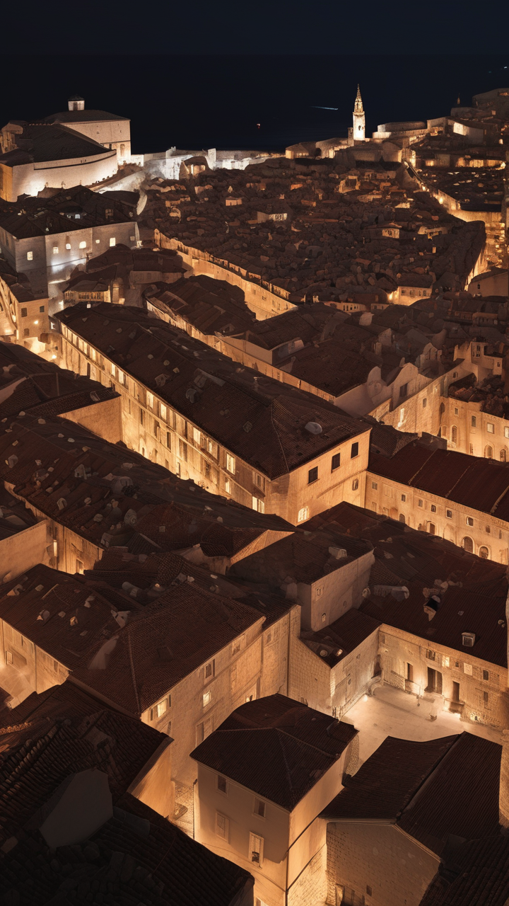 Old town Dubrovnik at night from above