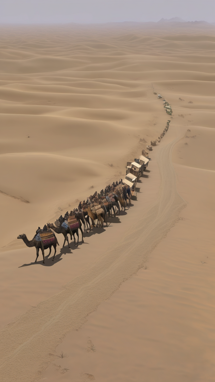 The Silk Road — a camel caravan crossing the Taklamakan desert in Xinjiang