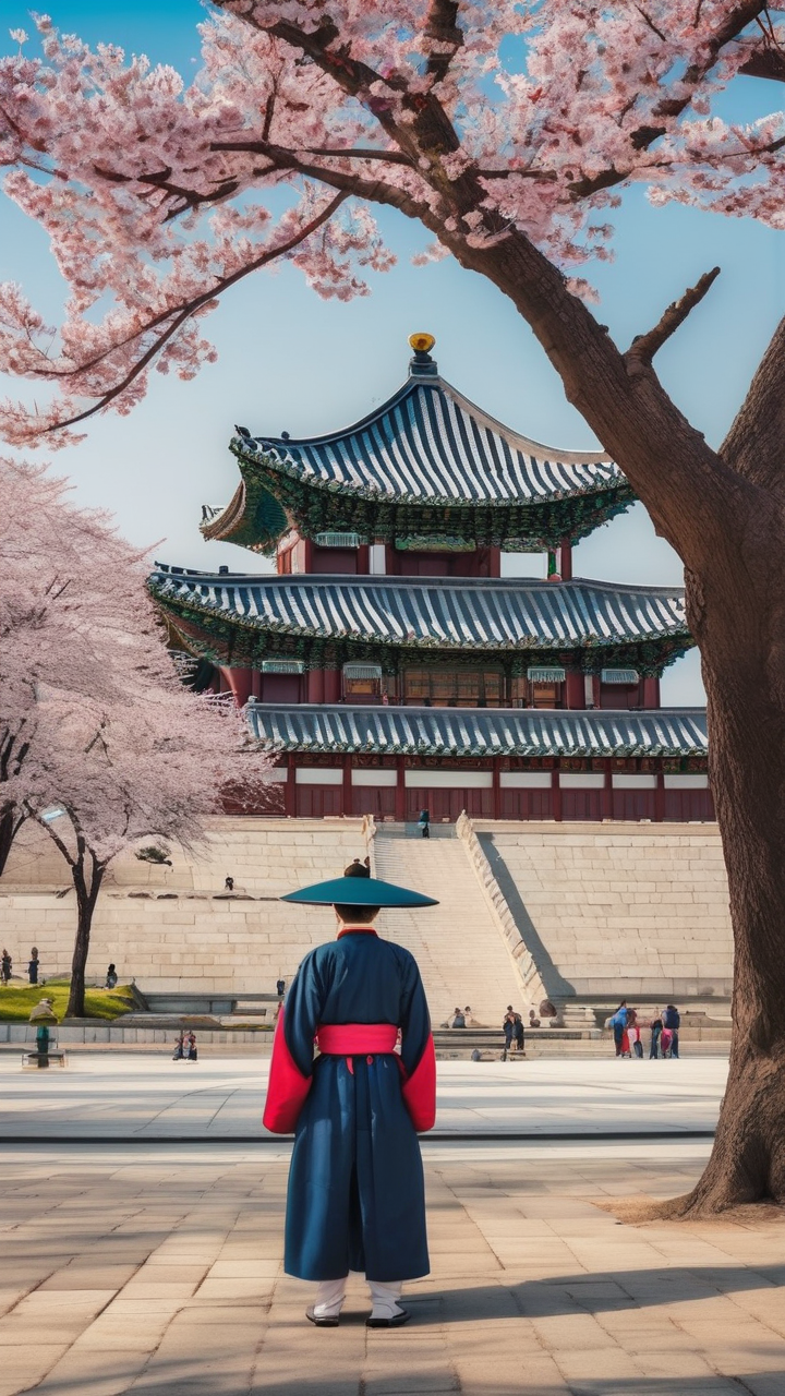 Korean Gyeongbokgung palace in spring with cherry blossoms