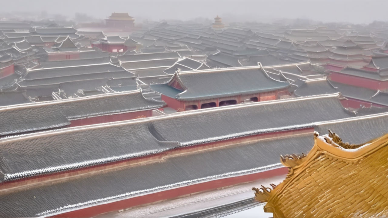 The Forbidden City in Beijing under light snowfall