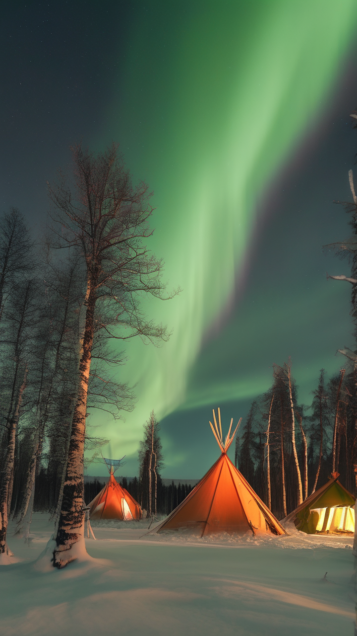 The Aurora borealis over a Sami camp in Lapland — traditional lavvu tents
