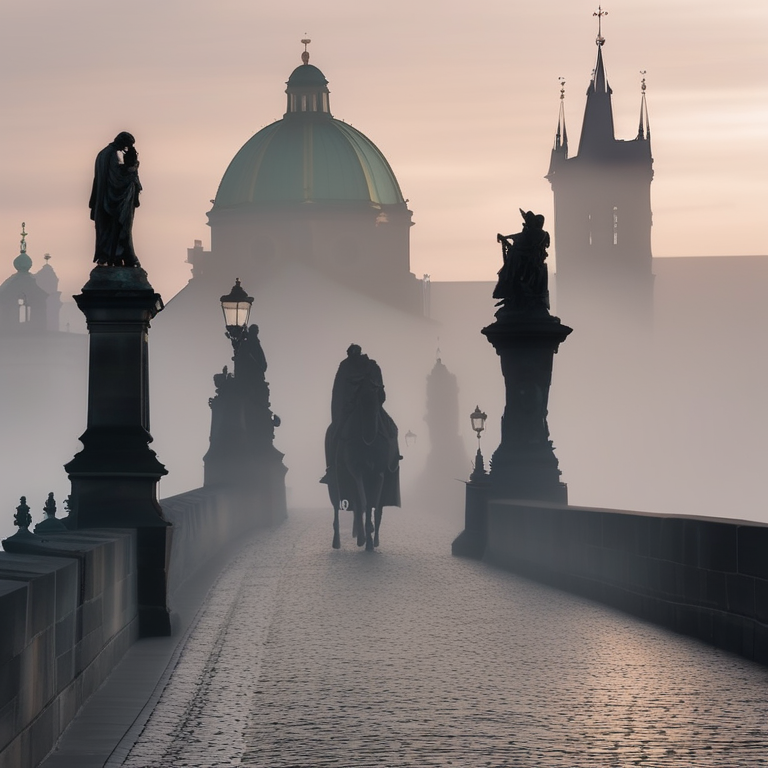 Prague Charles Bridge at foggy dawn