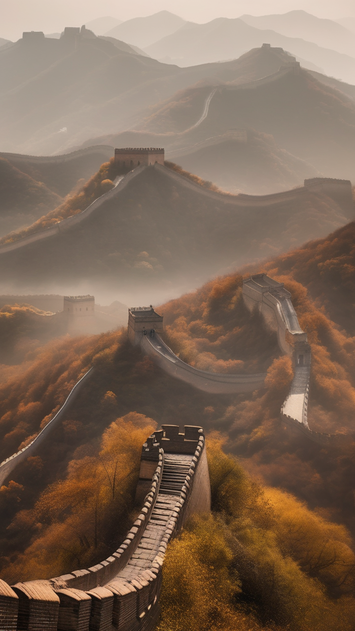 The Great Wall of China in autumn mist