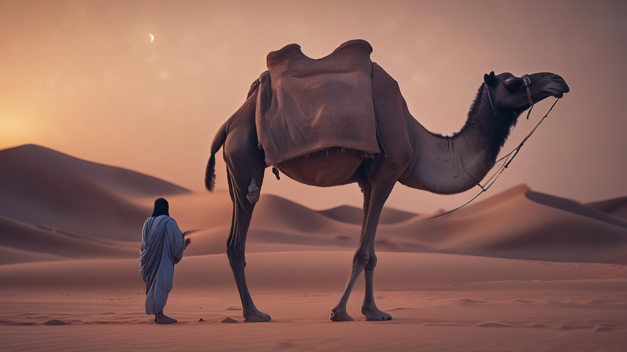 Saharan desert night — a Tuareg guide with a camel under the Milky Way