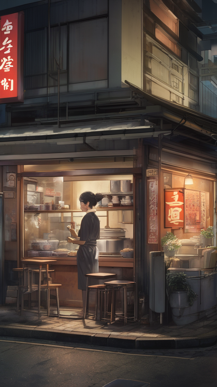 A Japanese ramen shop at night — steam