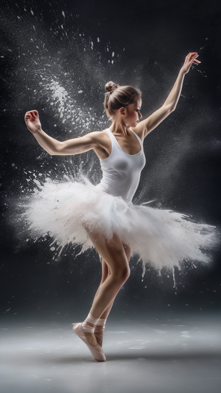 A ballerina in a white tutu with paint splashing from her shoes as she dances