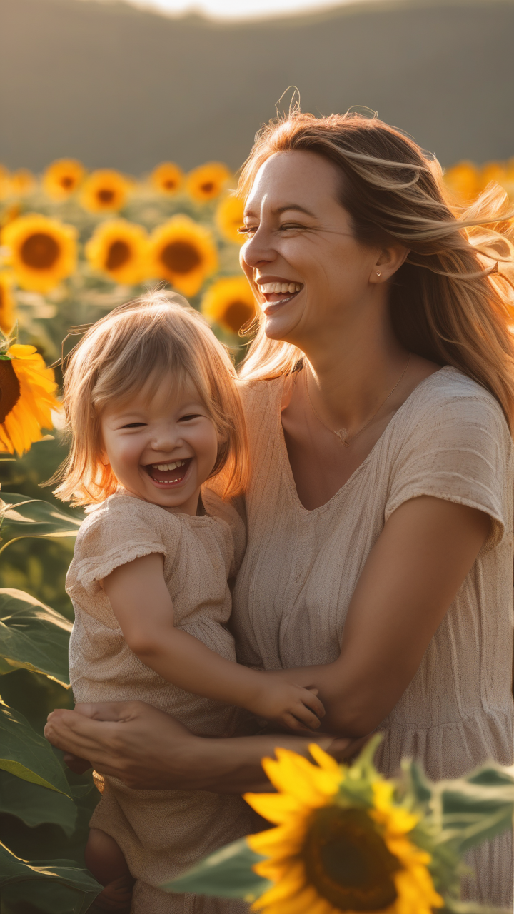 A mother and child laughing together in a sunflower field