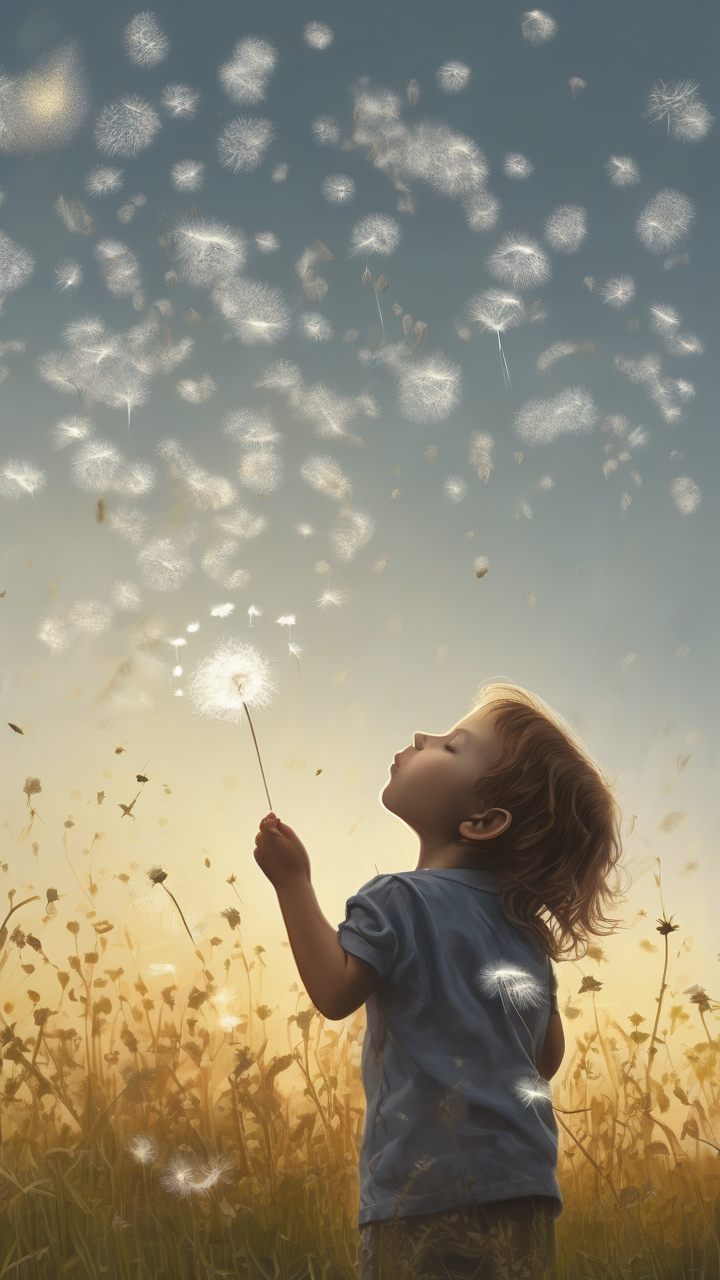 A child blowing dandelion seeds