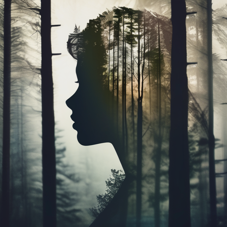 Double exposure portrait — a woman's silhouette filled with a forest scene