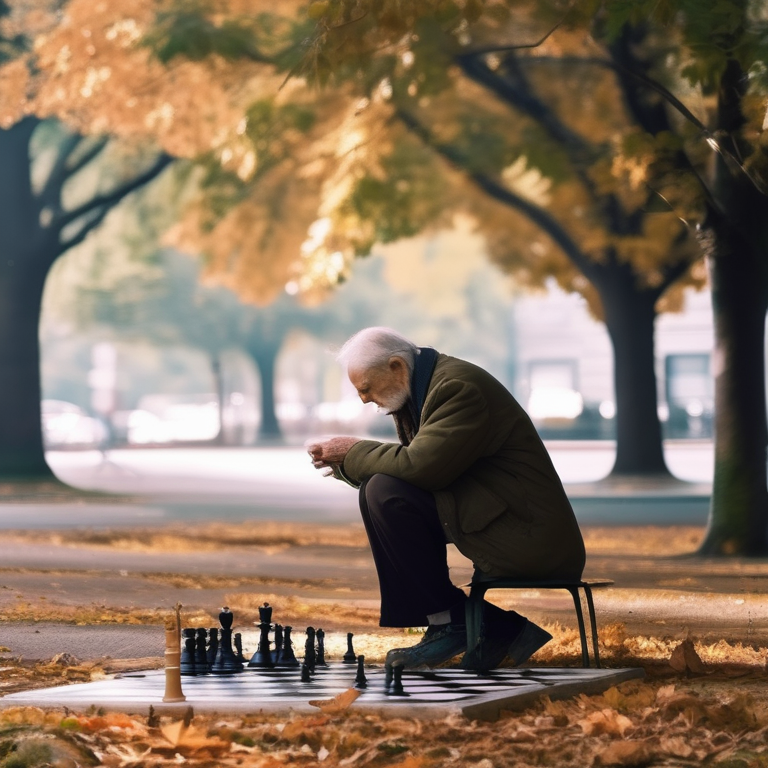 An old man playing chess alone in a park
