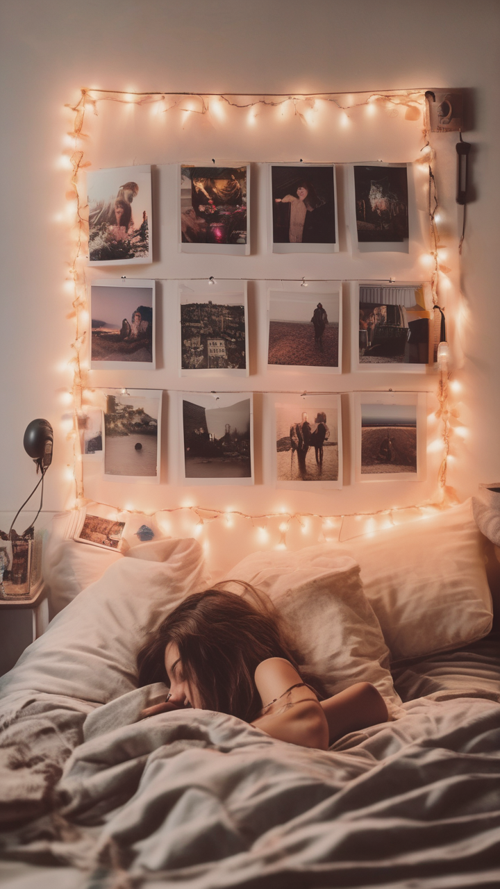 A teenager in their bedroom — polaroid photos on the wall