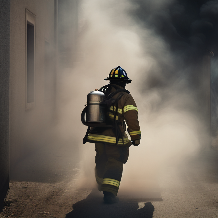 A firefighter emerging from smoke carrying a child to safety