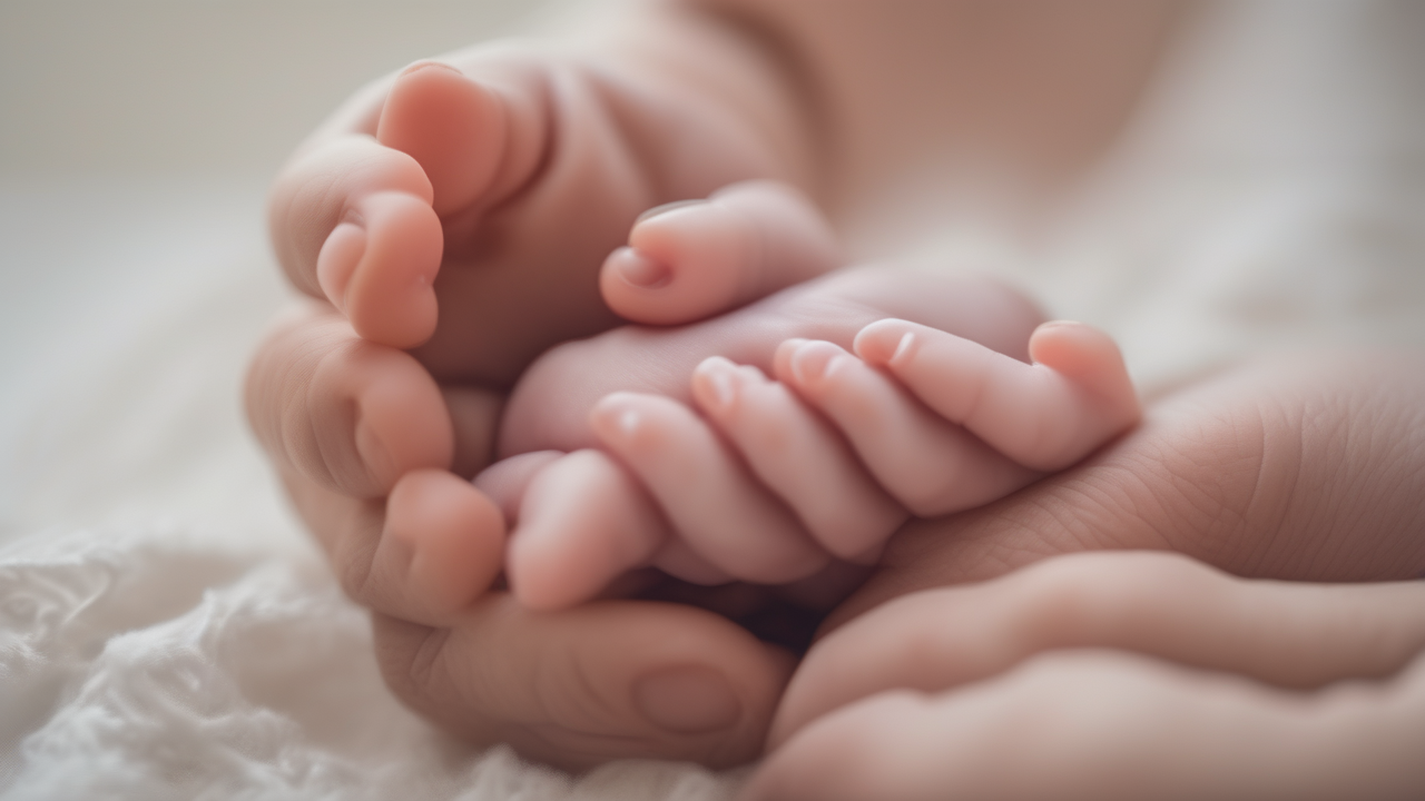 A newborn baby's hand gripping a parent's finger