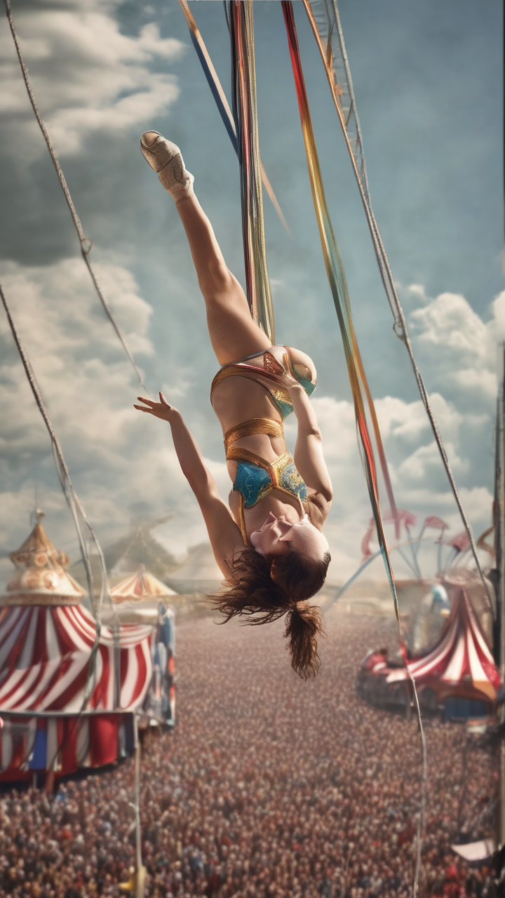 A circus aerialist at the peak of her arc