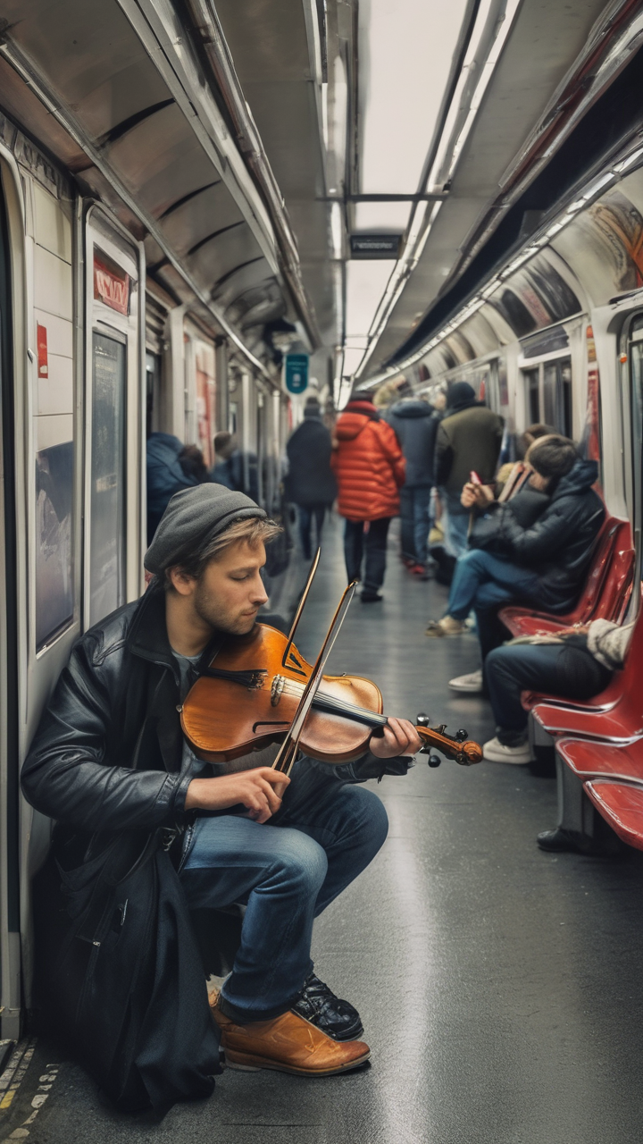A street musician playing violin in a rainy Paris subway