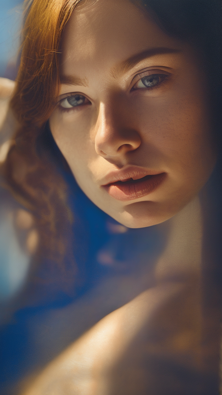 Portrait with dramatic colored light — a face half in deep blue shadow