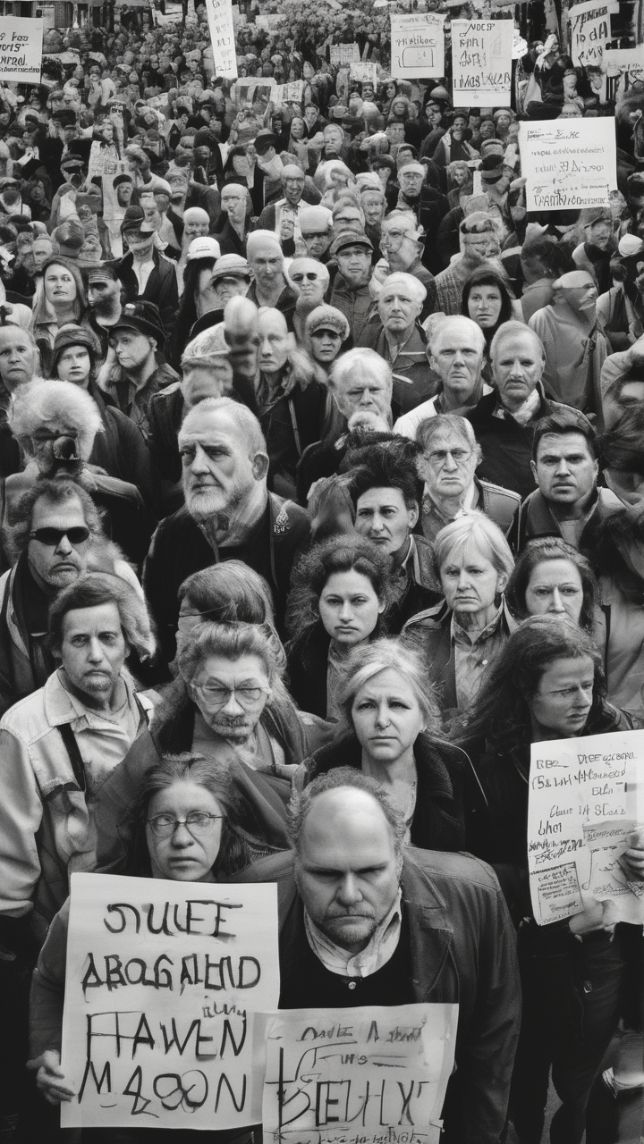A protest march — faces of ordinary people holding signs