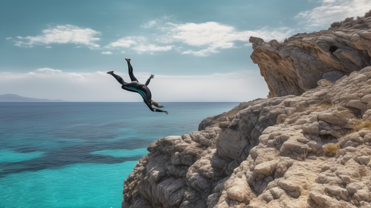 A diver mid-air off a cliff into turquoise water