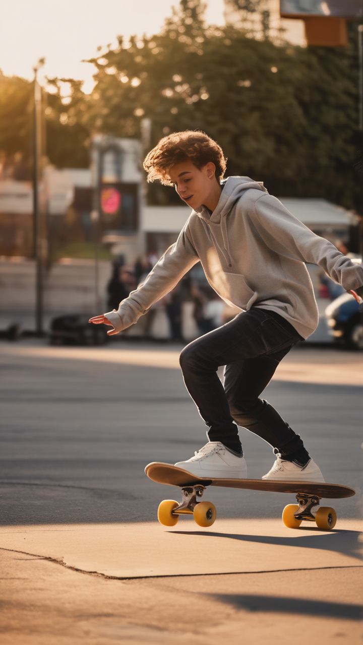 A teenage skater landing a trick at a street spot