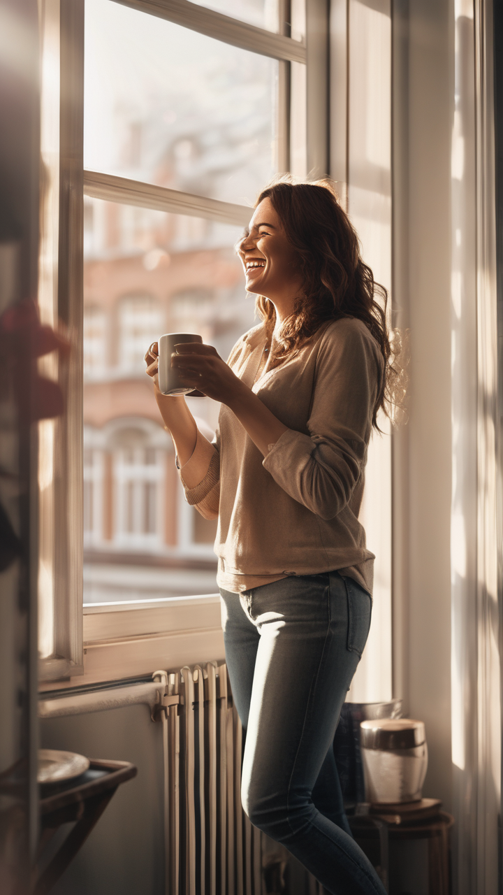 A woman laughing while holding a coffee mug