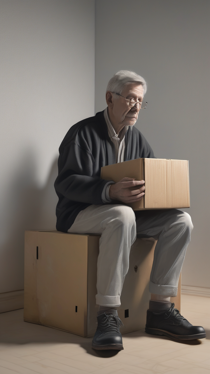 A portrait of grief — a person sitting with a box of belongings after a loved one's passing