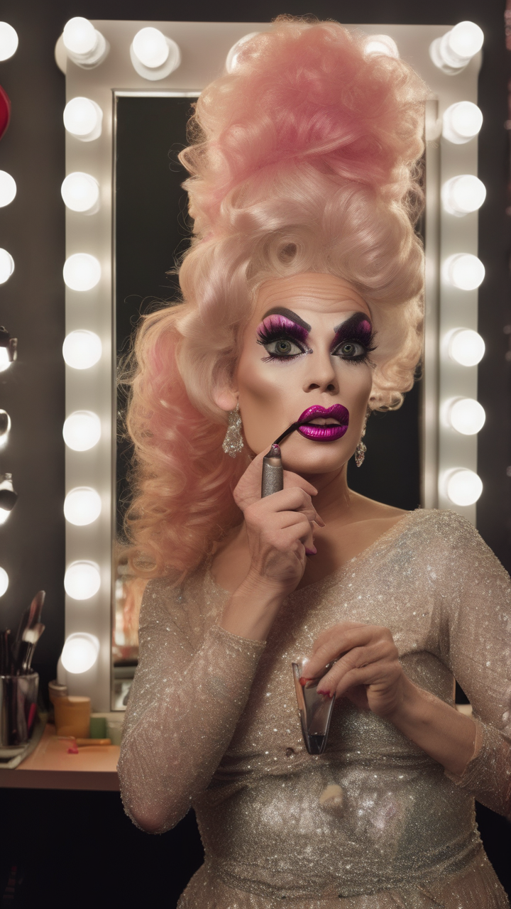 A drag queen backstage putting on makeup