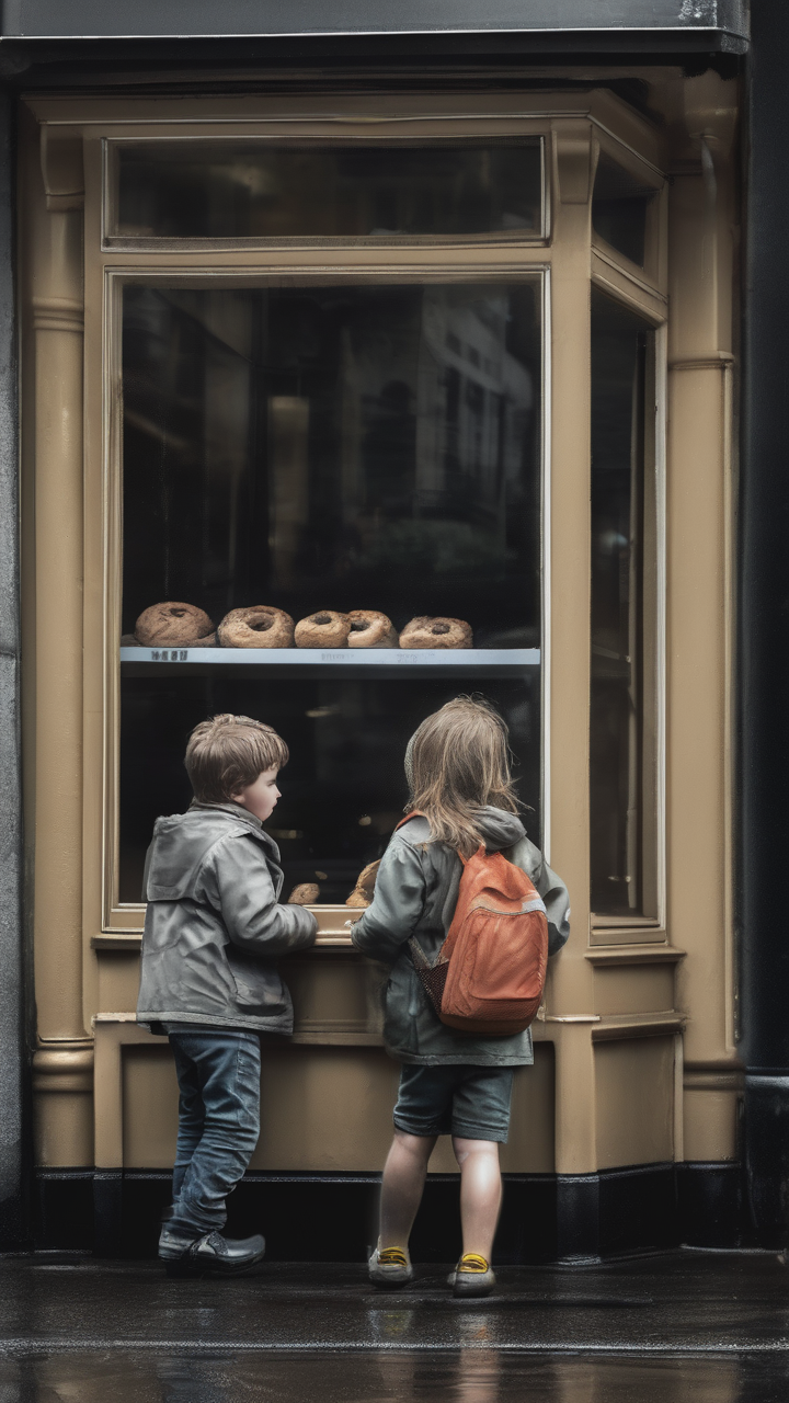 Two children pressed against a bakery window in the rain