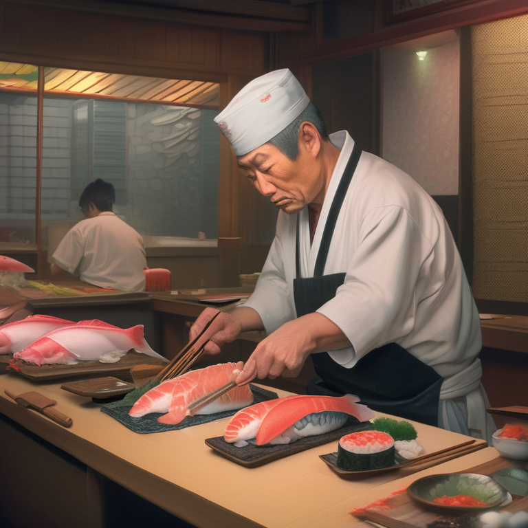 A sushi master slicing fish at 4 AM