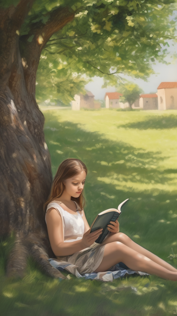 A girl reading a book under a tree in summer