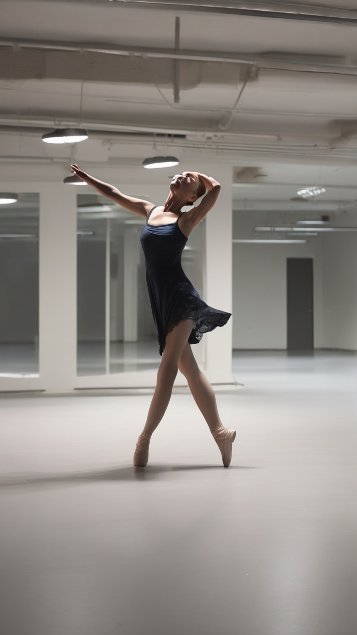 A dancer in an empty studio at midnight