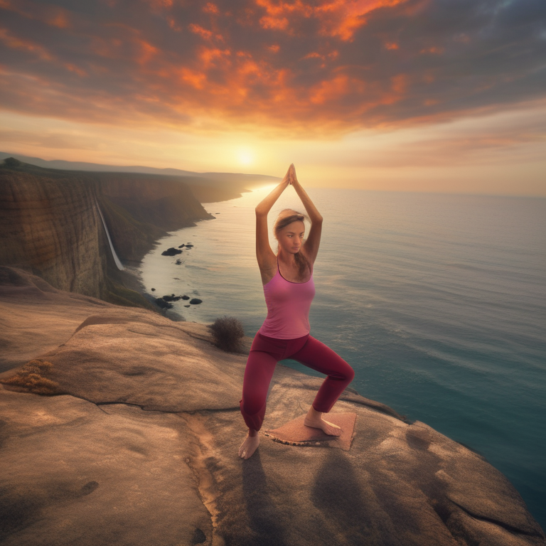 A woman doing yoga at sunrise on a cliff