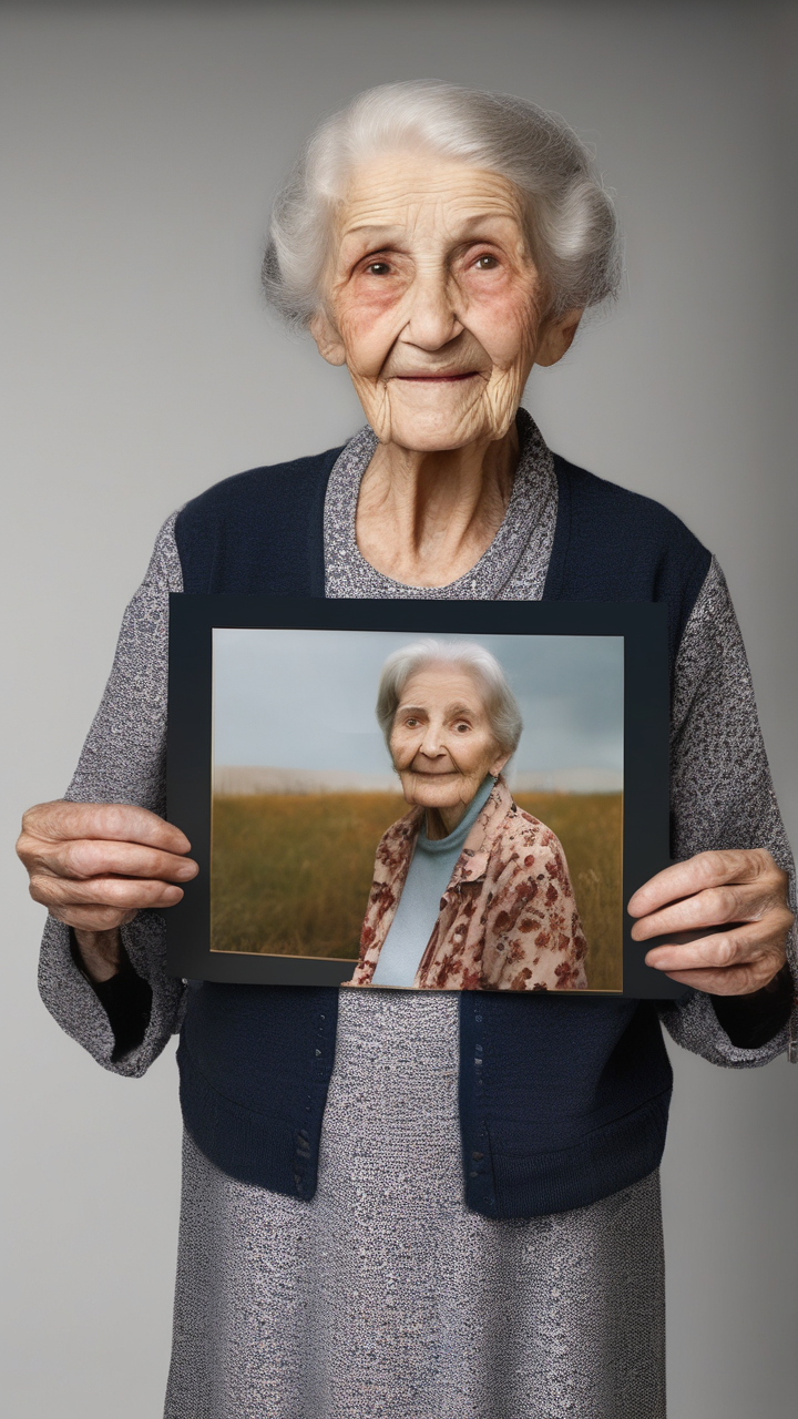 A 100-year-old woman holding a photo of herself at 20
