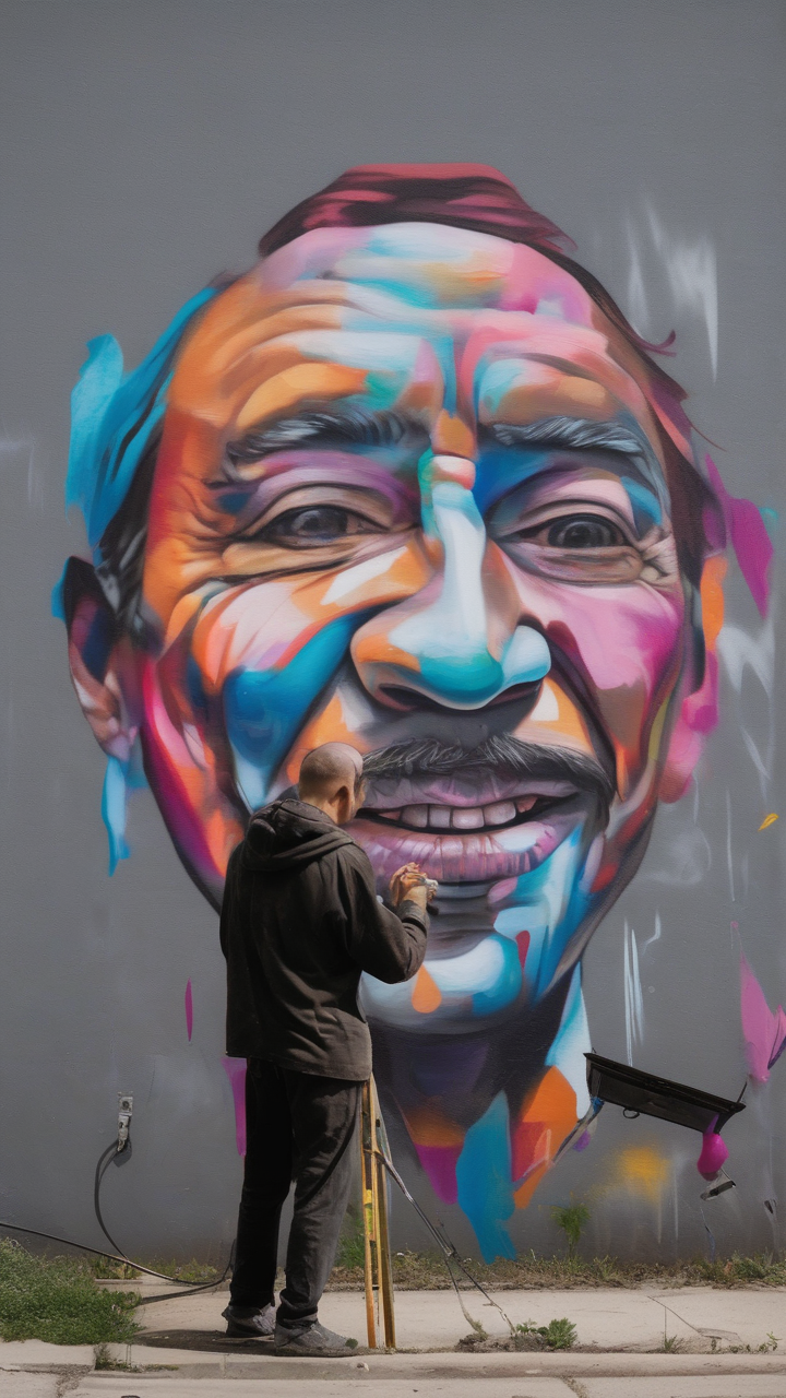A man painting a mural in a neighborhood