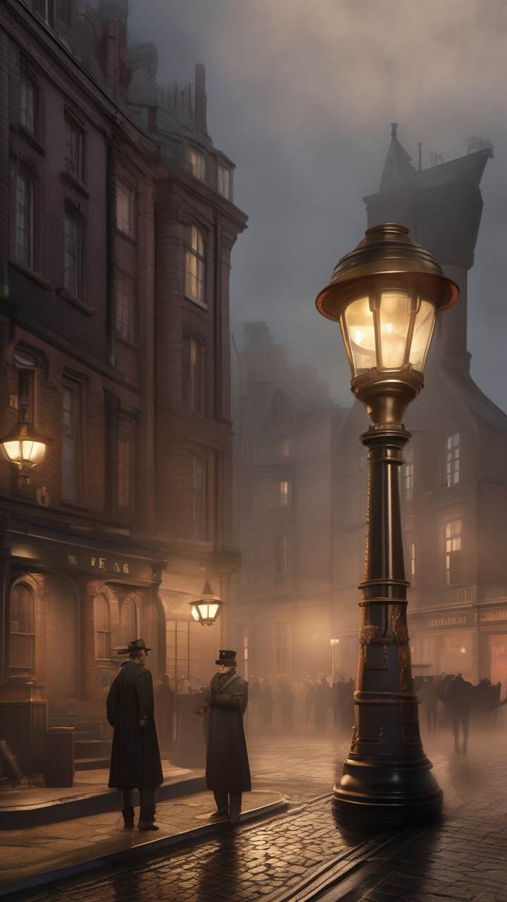 Victorian steampunk London — an airship docking at a brass tower