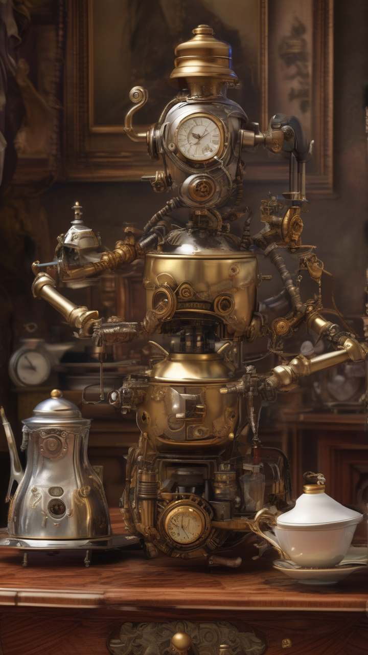 A steampunk clockwork automaton serving tea in a Victorian parlour