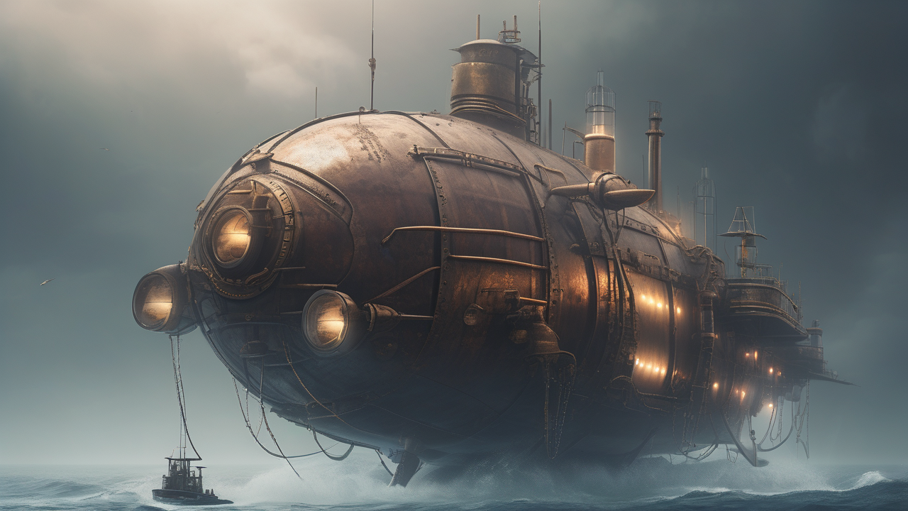 Steampunk submarine emerging from a foggy ocean