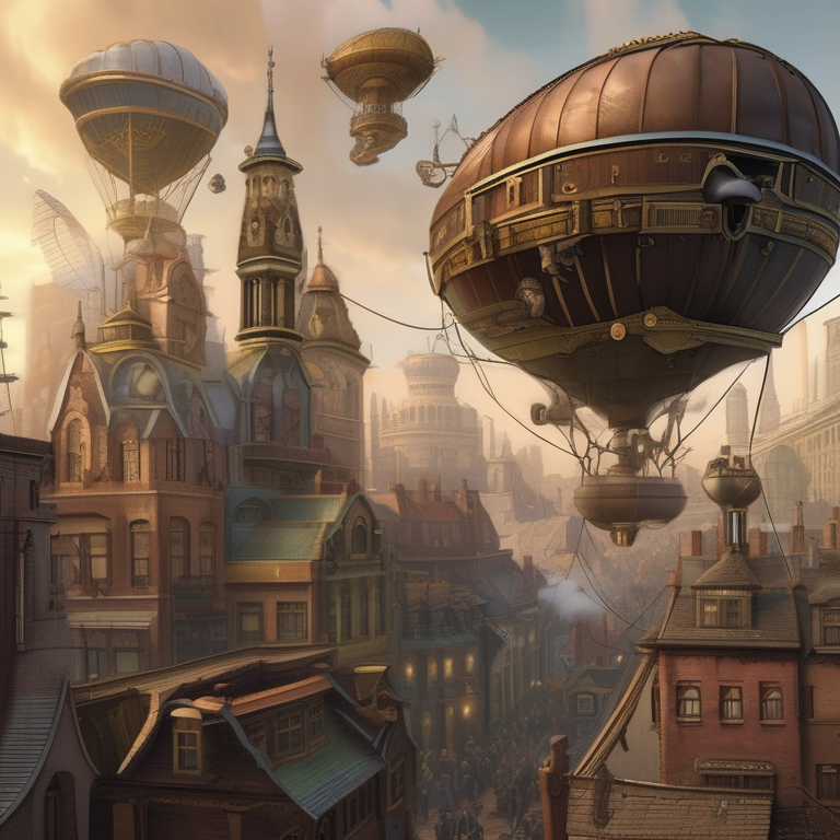 Steampunk city — a dense Victorian skyline with dozens of airships