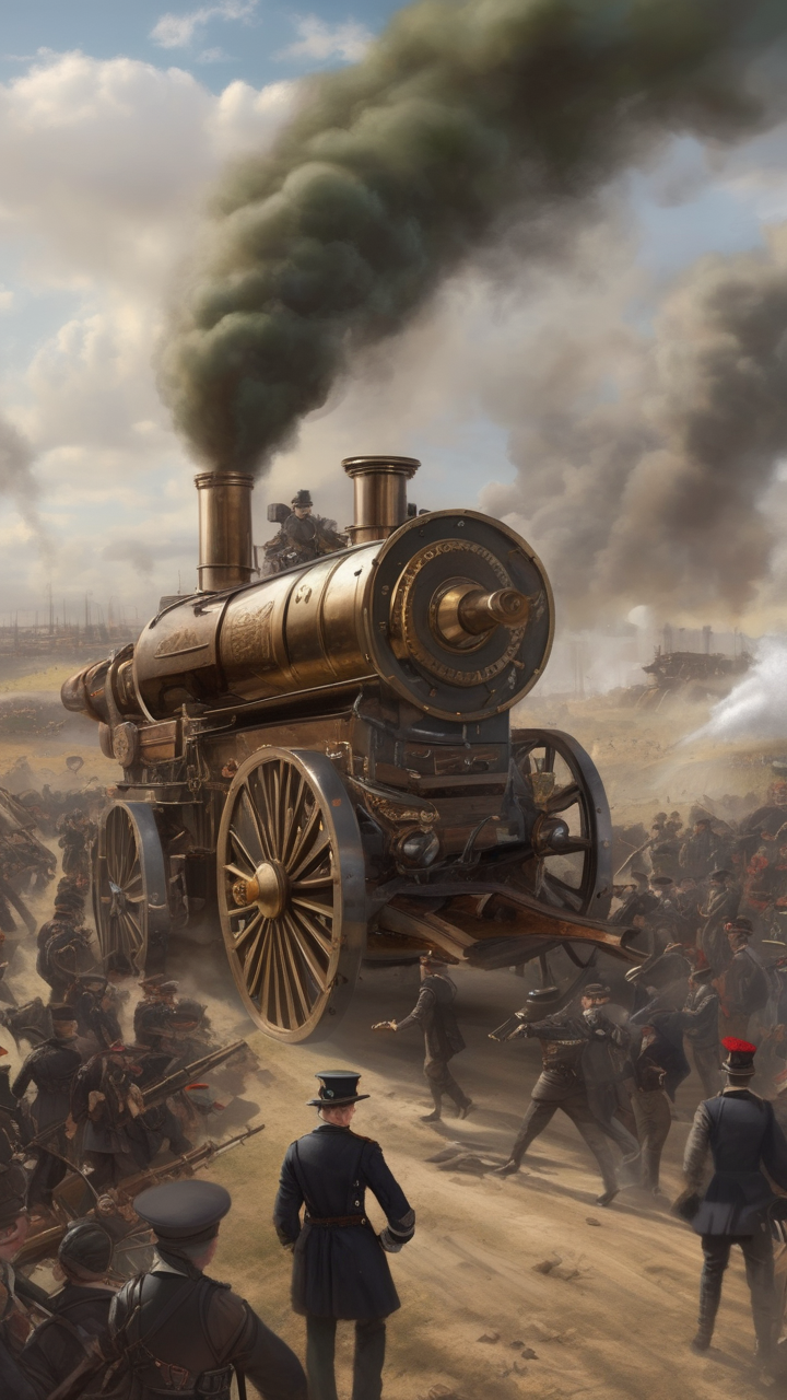 A massive steampunk war machine rolling through a battlefield