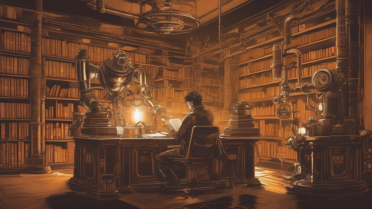 Steampunk library — books cataloged by brass robots