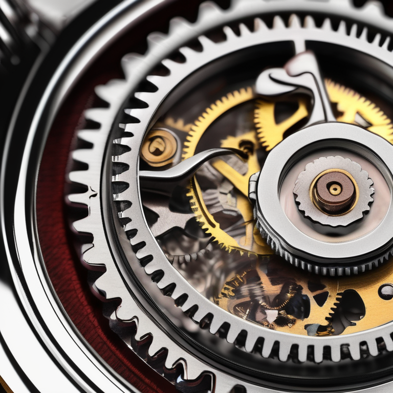 A steampunk wristwatch in extreme macro — tiny gears and springs inside an open case