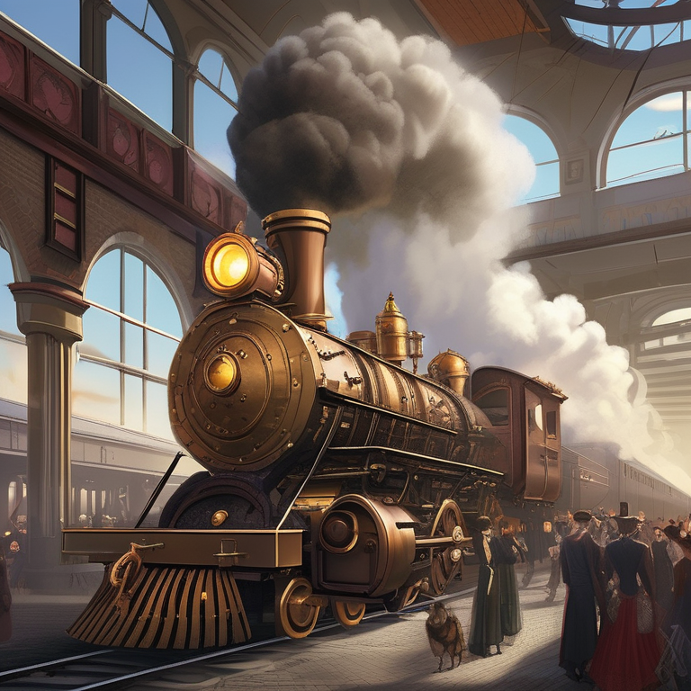 Steampunk train station — an enormous locomotive with piston arms and a brass boiler