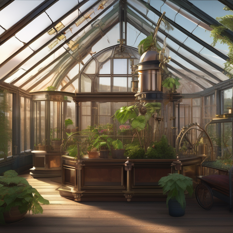 A steampunk greenhouse on a rooftop